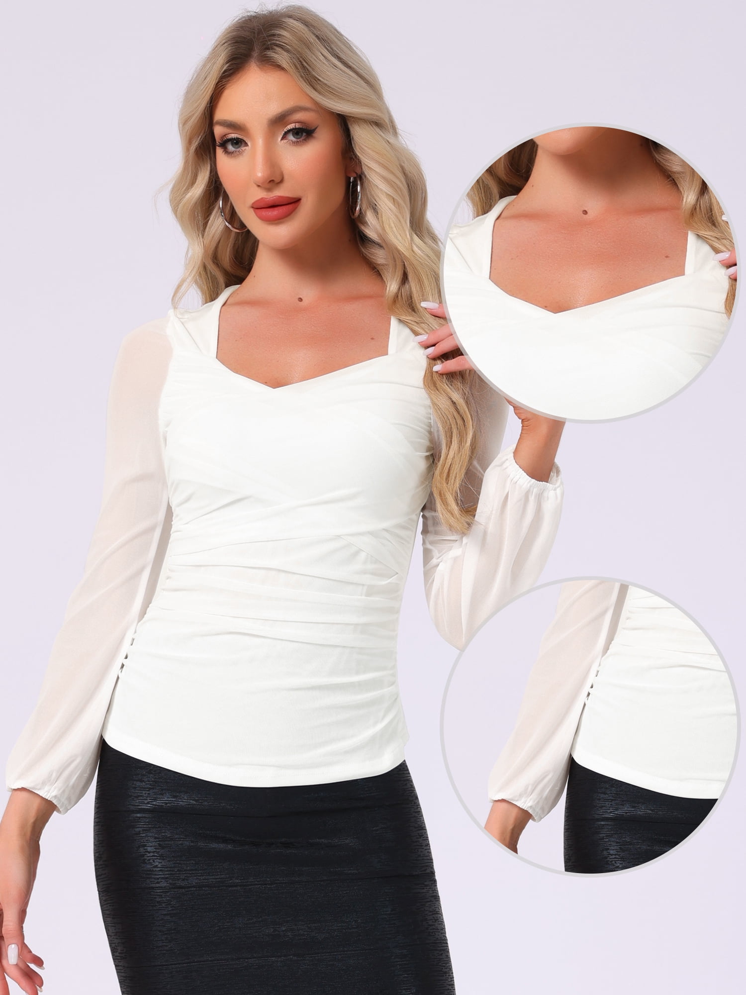 DARING DIVA Women's Long Sleeve Slim Fit Dressy Casual Wrap Tops M White