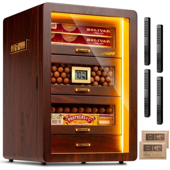 Marvero Walnut 200 Count Desktop Cigar Humidor with LED Light, Digital Hygrometer, 4 Cedar Drawers and Humidity Packs