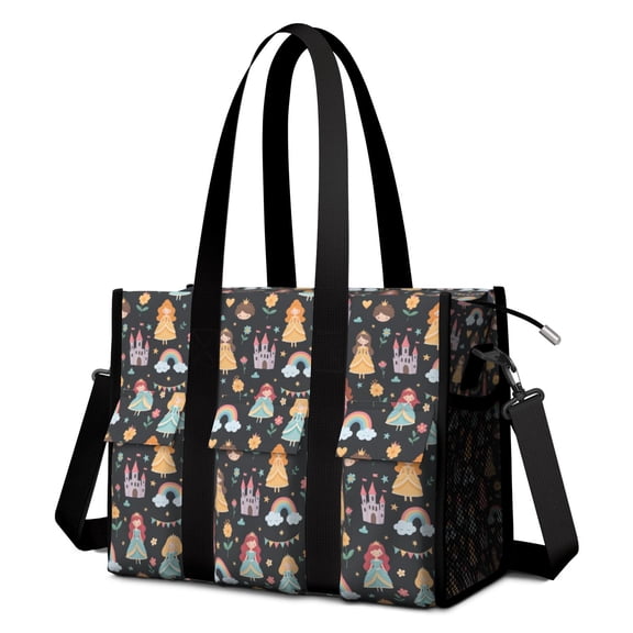 Teacher Tote Bag,Black Princess Castle Rainbow Pattern Teacher Utility Tote Bag,Large Work Tote Bags for Women with Multiple Pockets,Top Zipper Closure,13.8x10.6x6.7 Inch