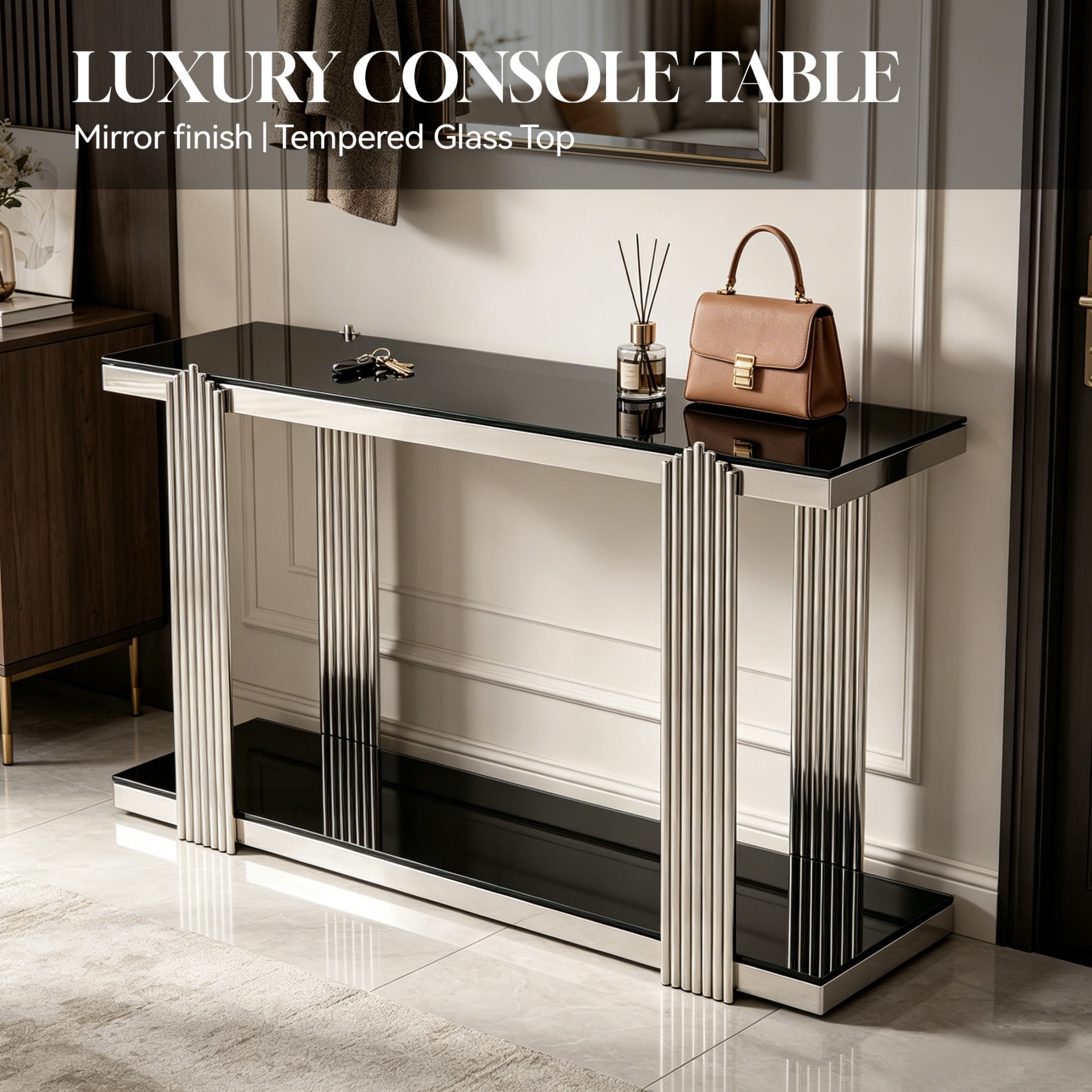 2-Tier Storage Tempered Glass Shelf Console Table, Two-Tone Entryway Display Table, Accent Mirrored Sofa Table for Living Room/Hotel