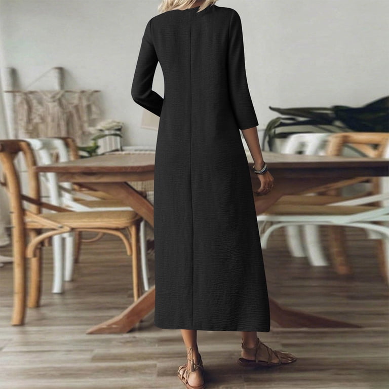 navy blue dress for baby girl Women Fall Long Sleeve Bow Tie Neck Formal Maxi Dresses A Line Large Black main image 0