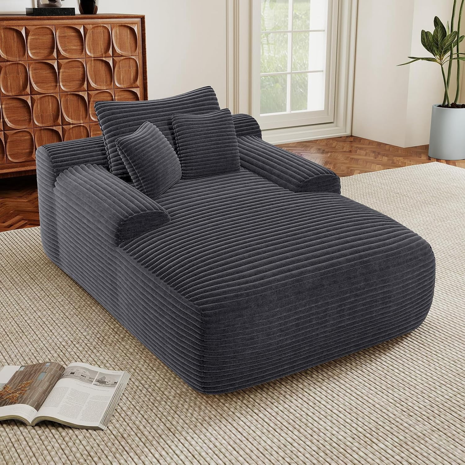 Howcool 65" Oversized Chaise Lounge Chair, Corduroy Boneless Sleeper Sofa Bed with Wide Armrest & Throw Pillows, Deep Seat Lounge Chair for Living Room, Bedroom & Apartment,Grey