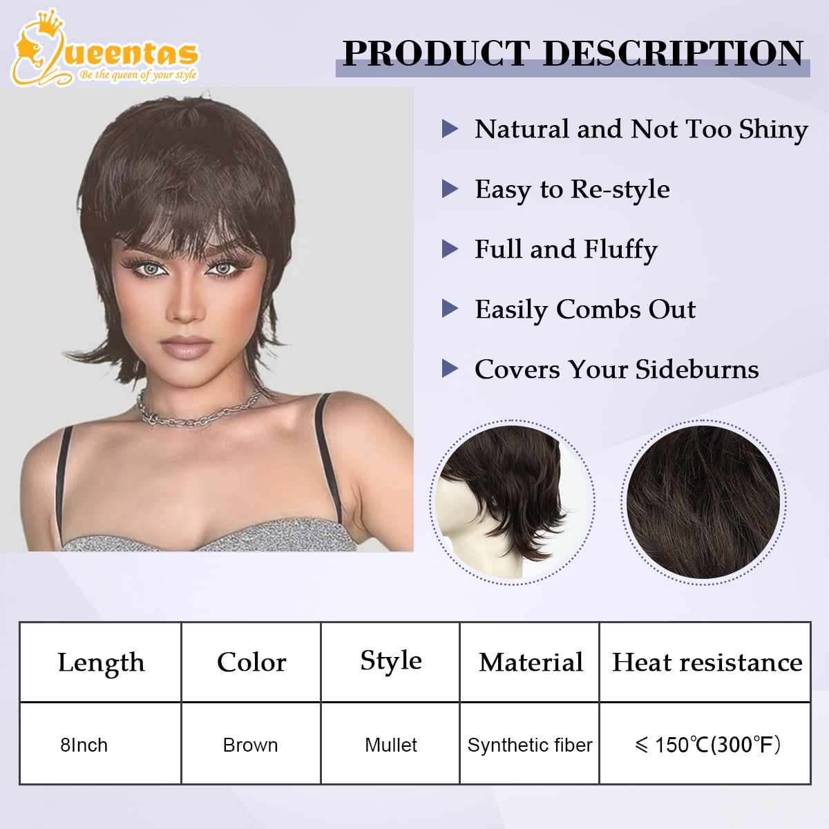 QUEENTAS Short Brown Wigs for  Women Synthetic Mullet Wig Brown Wig with Bangs Glueless Short Wigs Dark Brown Wig