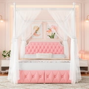 Homfa Full Bed Frame with 2 Drawer, Canopy Bed Frame with Storage & Upholstered Headboard for Bedroom, Curtain Not Included, Pink