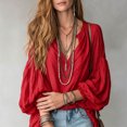 thumbnail image 5 of Wenini Women's Boho V Neck Puff Sleeve Crinkle Fabric Top Loose Drop Shoulder Casual Blouse Top Trendy Travel Shopping Outfit, 5 of 6