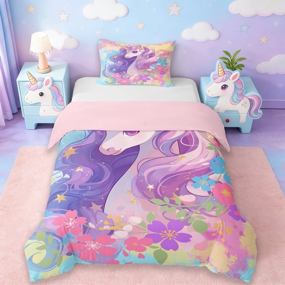 Erosebridal Watercolor Ink Graffiti Twin Bedding,Cartoon Unicorn Colorful Flowers Duvet Cover Set For Kids Girls,Reversible Pink 2-Piece,No Comforter