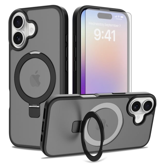 Asuwish Phone Case for iPhone 17 6.3 inch Tempered Glass Screen Protector Magnetic Folding Stand Frosted Translucent Rugged Shockproof Protective Cell Cover i Phone17 i17 17Case Women Men Black