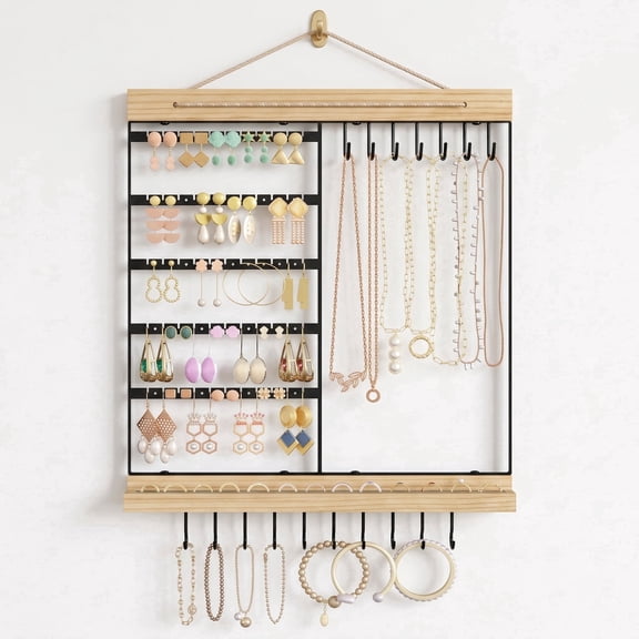 5-Tier Wall Mounted Jewelry Organizer with Wooden Ring Groove, Hanging Earring Holder for Necklaces, Bracelets and Rings, Black Jewelry Rack Stand