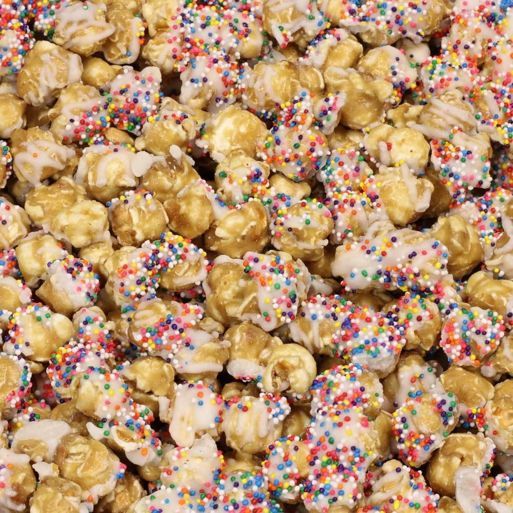 Gourmet Caramel Party Time Popcorn by Its Delish, 2 lbs Bulk Bag - Birthday Cake themed Candy Popcorn with Rainbow Nonpareils - Festive Chocolate Air Popped Sweet Crunchy Popcorn, Vegan, Kosher