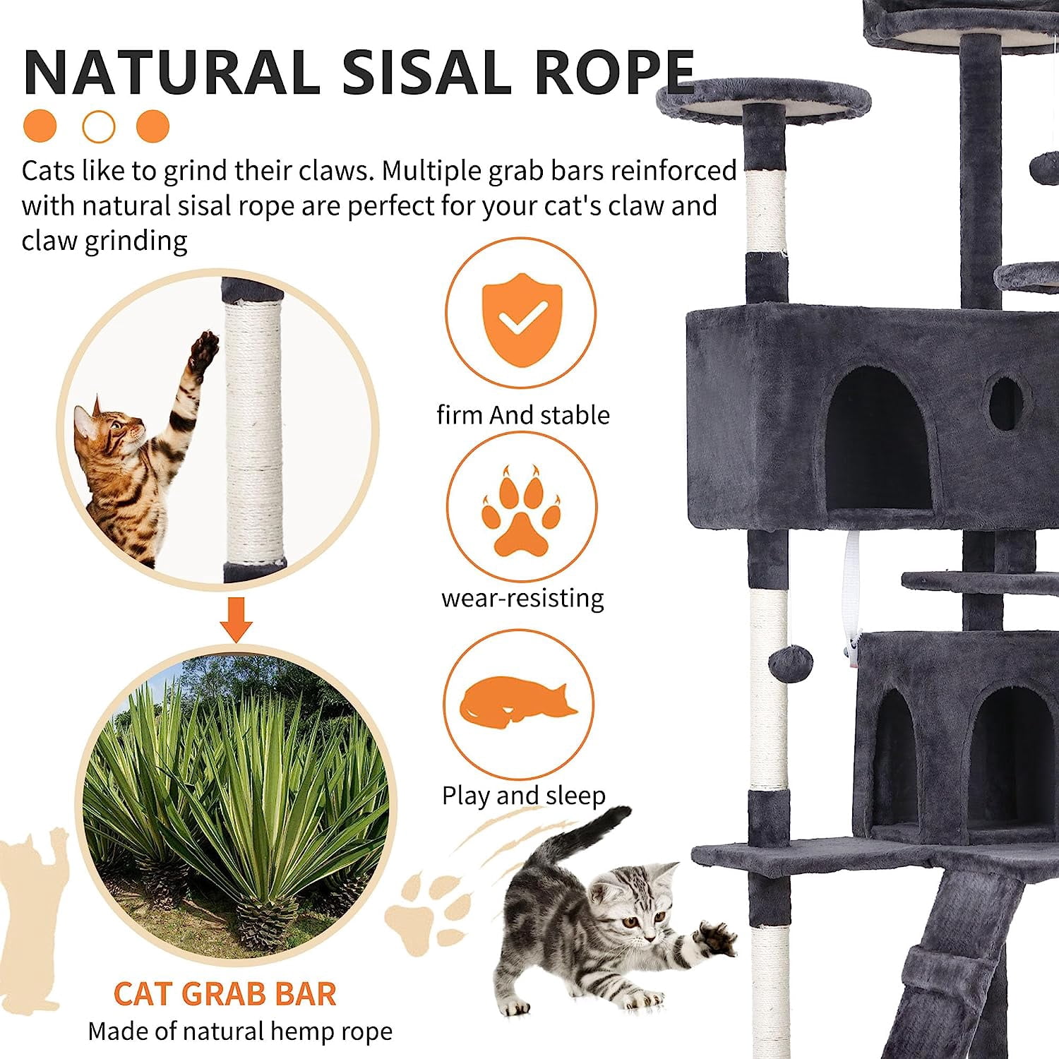 Dkelincs 70"H Large Multilevel Cat Tree, Double Condo Cat Tower with Scratching Post Tower & 3 Top Perches, Ashy