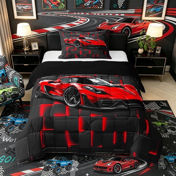 Castle Fairy Neon Red Sports Car Twin Comforter Sets 3-Piece for Teens, Grid Print Bedding Set for Bedroom, Red Black,Black Reversible
