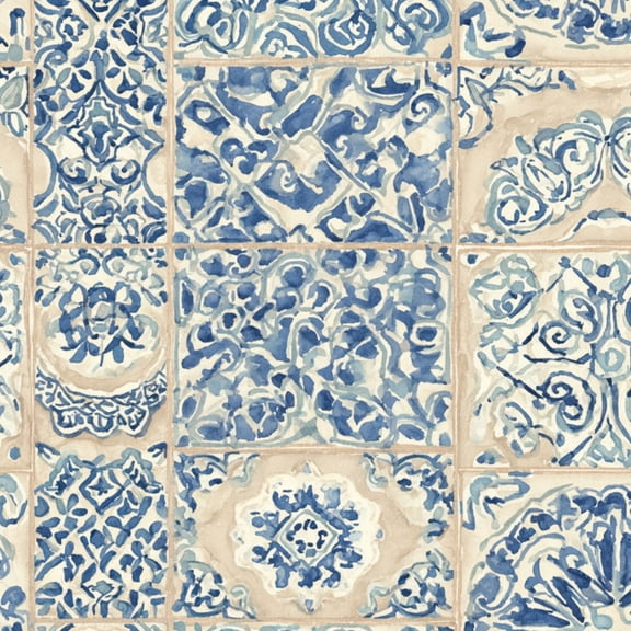 Peel and Stick Wallpaper Blue Beige Ornate Tile Floral Motifs Wall Mural 17.7in x 9.8ft Self Adhesive Removable Wall Paper Renter Friendly Wallpaper for Nursery Bedroom Cabinets