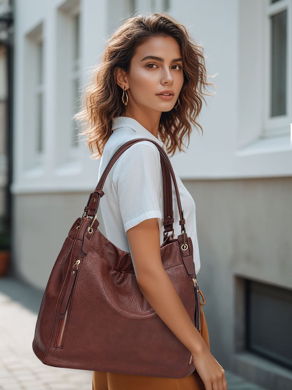 Capamaster Slouchy Hobo Handbag for Women, Soft Faux Leather Shoulder Purse with Top Handles and Front Zipper Pockets, Coffee