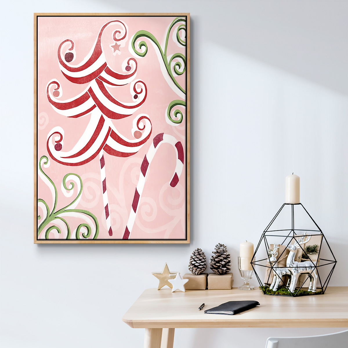 Candy Cane Holiday I - Framed Gallery Wrapped Holiday Canvas - 27 x 41 - Natural Wood Frame