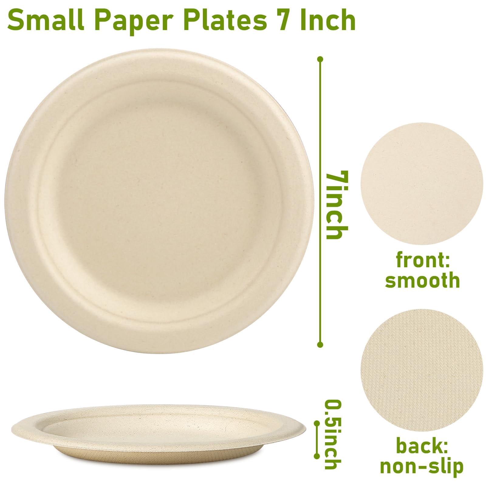 Small 7-Inch Paper Plates Bulk - AFN1200 Count Compostable Eco-Friendly Recycled Mini Dessert Plates, Disposable Bagasse Natural Brown Biodegradable