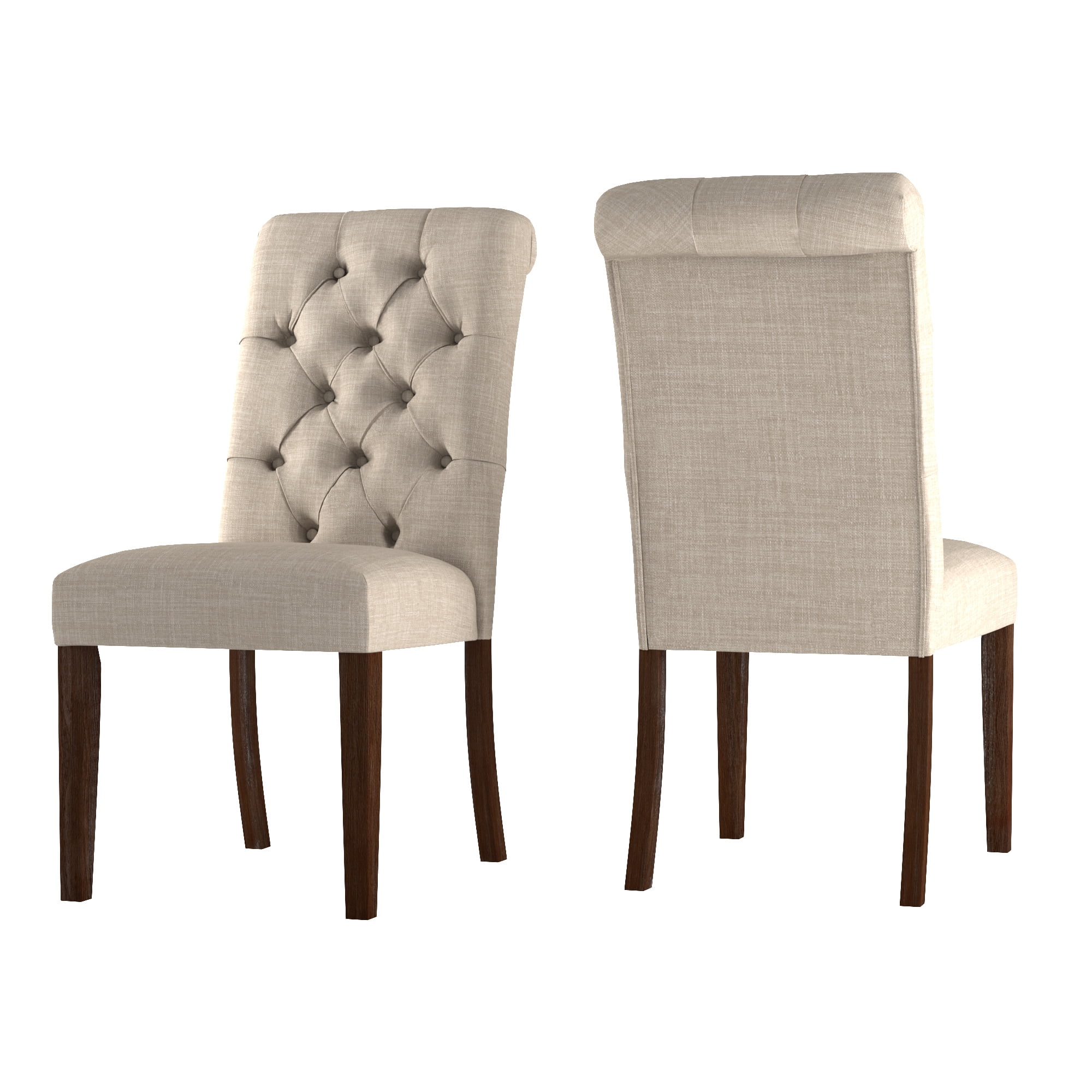Weston Home Lottie Chic Beige Linen Button Tufted Dining Chair (Set of 2), Brown wood finish