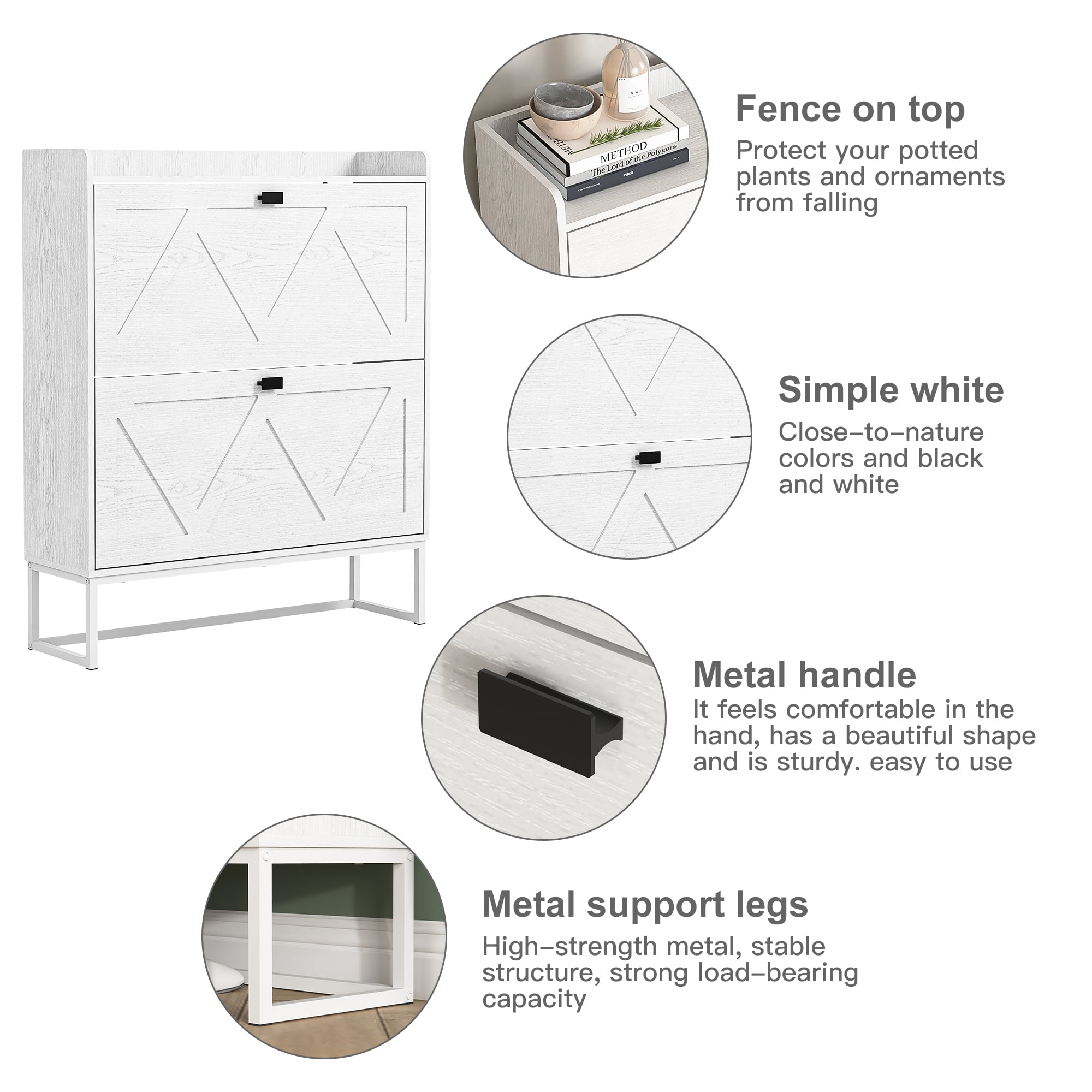 Demi Bonn Shoe Storage Cabinet with 2 Flip Drawers, Freestanding Organizer with Metal Legs for Entryway, Narrow Shoe Rack Cabinet, White