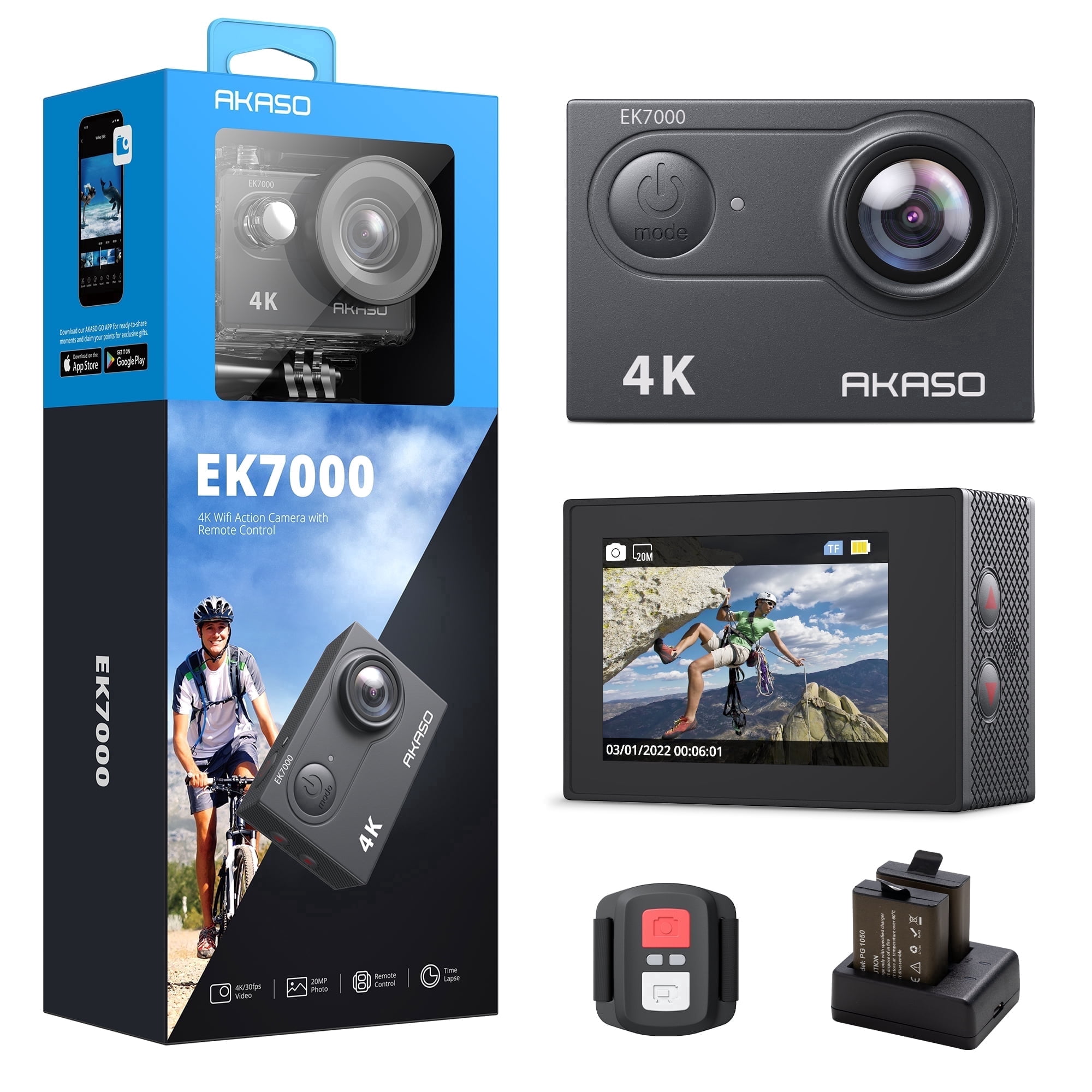 AKASO EK7000 4K30FPS 20MP WiFi Action Camera with EIS Ultra HD 131FT Waterproof Underwater Camera Remote Control 4X Zoom Support External Microphone Black