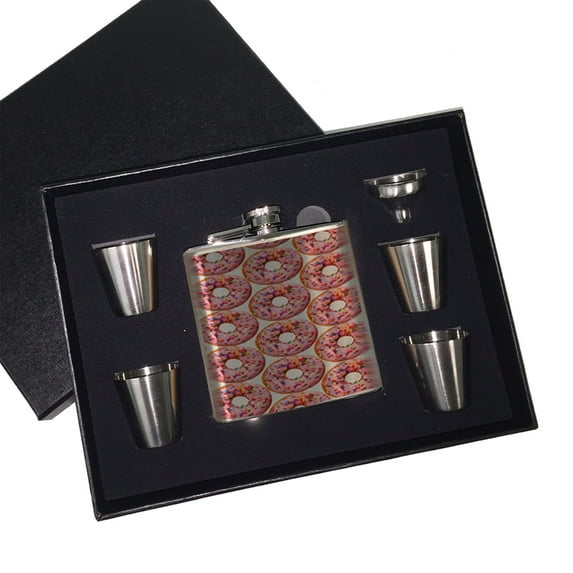 KuzmarK 6 oz. Stainless Steel Flask Set in Black Presentation Box - Donuts Doughnuts