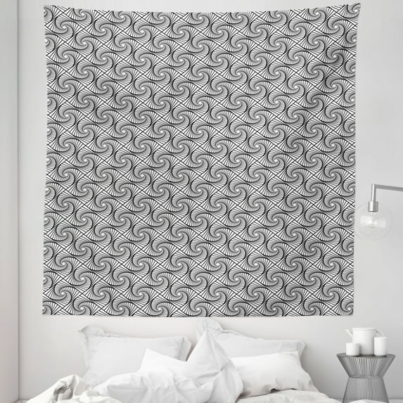 Geometric Tapestry, Monochrome Twirly Spiral Tiles Twisting Vortex Swirly Stripes Minimalist, Fabric Wall Hanging Decor for Bedroom Living Room Dorm, 5 Sizes, Charcoal Grey White, by Ambesonne