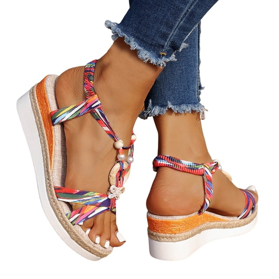 Wedge Sandals for Women Color Block Strappy Beaded Platform Espadrilles Elastic Ankle Strap Summer Comfy Walking Shoes Beige Size 7