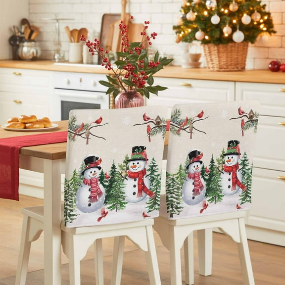 Christmas Winter Chair Covers Set of 6 Snowman Pine Needle Cardinal Xmas Tree Chair Back Covers Stretch Removable Washable Slipcovers Protector for Dining Room Kitchen Party Decor