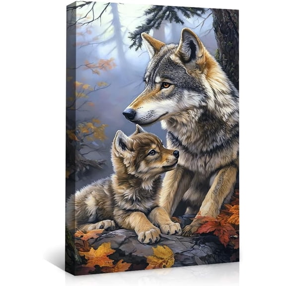Wolf Family Canvas Wall Art - Forest Wolf and Cub Poster Print,Animal Nature Artwork for Living Room Bedroom Decor,Wildlife Prints for Home Decoration - Ready to Hang--