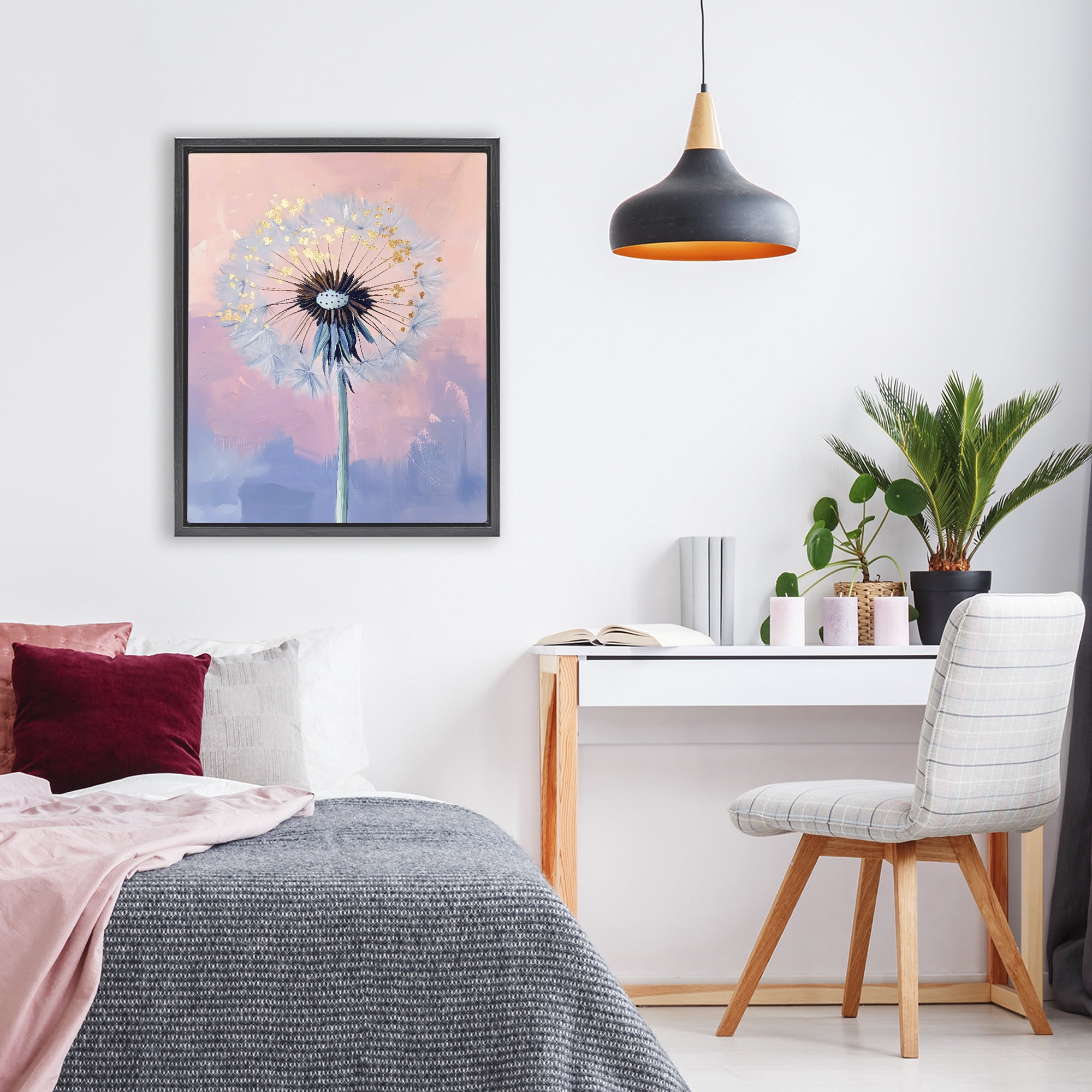 Stupell Industries Pastel Dandelion with Gold Seeds Black Framed Floater Canvas Wall Art, design by The Prints Vibe