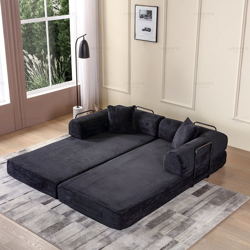 Miniyam 2 in 1 Black Sleeper Sofa Floor Couch with 2 Cylindrical Pillow Cloud Corduroy Foldable Mattress Couch with Fixed-Shape Frame 3 Seat, 78 W x 35.4 L x 26.7 H