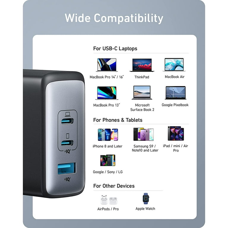  Anker Bloque de cargador USB C (GaN II 100W), cargador de pared  compacto rápido de 3 puertos para MacBook Pro, MacBook Air, Google  Pixelbook, ThinkPad, Dell XPS, iPad Pro, Galaxy S22/S20