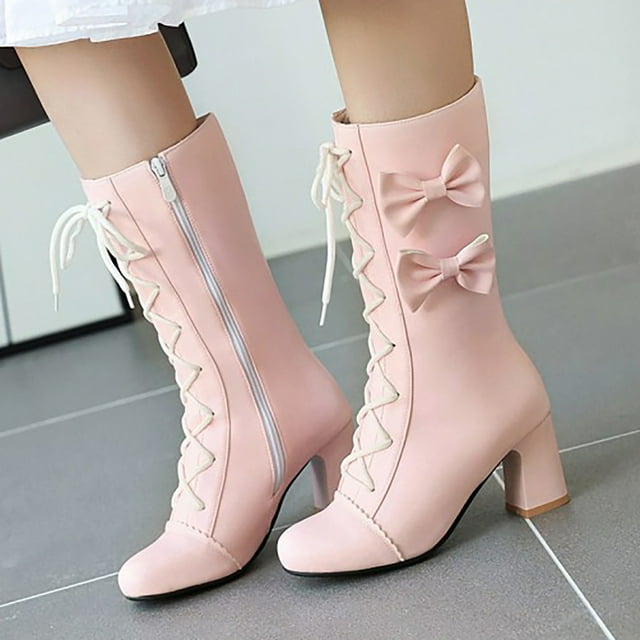 YOUSNH 2024 Automne et Hiver Nouvelles Bottes Mi-Mollet à Talon Haut avec Nœud Rose pour Femmes Coréennes Bottes d'Étudiant Bottes pour Femmes Rose 7