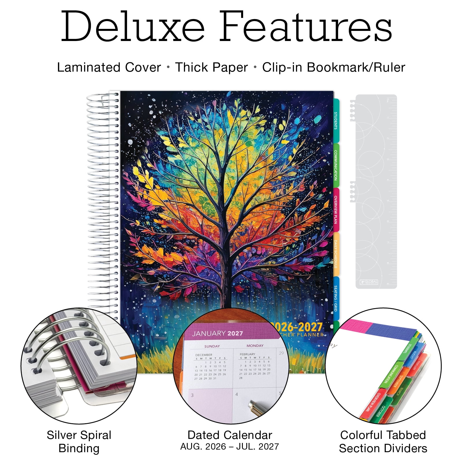 2026-2027 Excello Brands 8.5" x 11" Academic Year Deluxe Teacher Planner, Weekly/Monthly, 12 Month, Black Tree Seasons