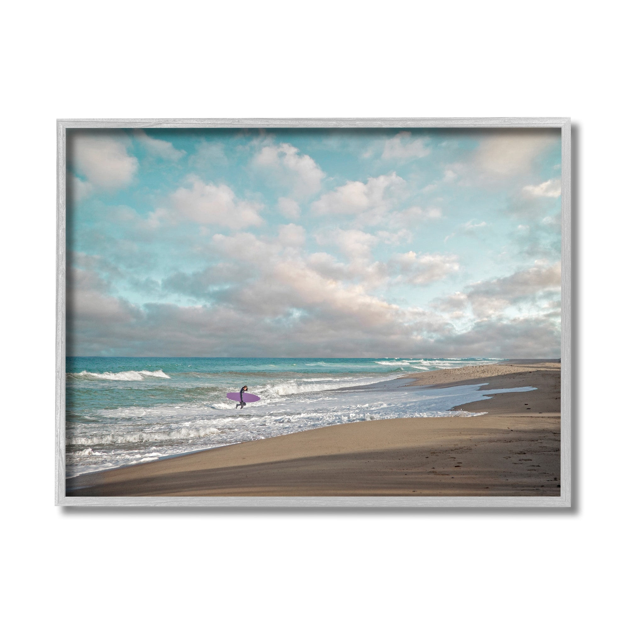 Crashing Waves on Beach Surfer Purple Board 14 in x 11 in Framed Painting Art Prints, by Stupell Home Décor