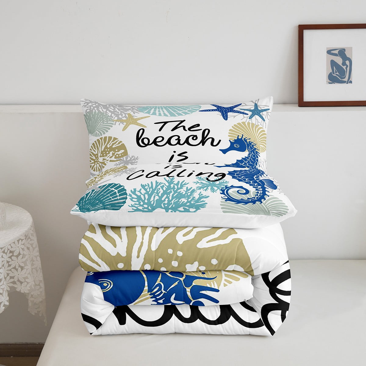 Summer Beach Comforter&nbsp;Set Blue Seahorse Queen Bedding&nbsp;Comforter&nbsp;Sets for Girls,Nautical Coastal Quilt Seashell Starfish Shell Coral Duvet Insert,Ocean Decor