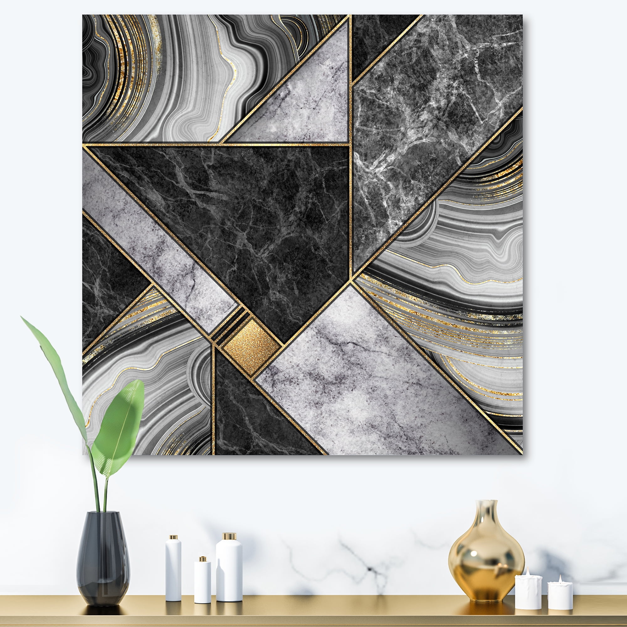 Designart ' Touches Of Gold With Marble Granite Agate ' Modern Canvas Wall Art Print