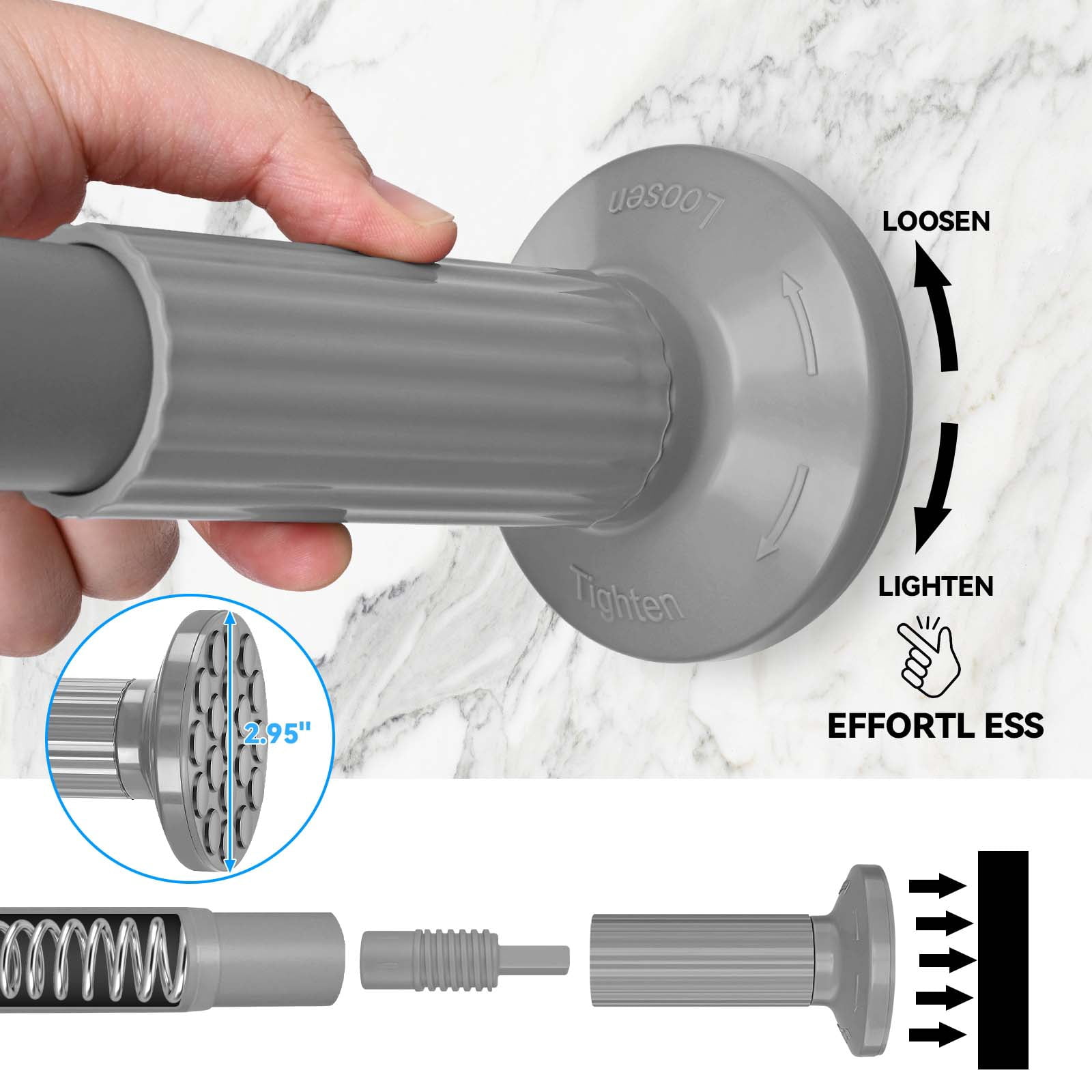 Ktinnead Tension Curtain Rod 129-148in,Extra Long Curtain Rods No Drilling for Window Bathroom Patio,Adjustable Spring Shower Curtain Rod,Easy to Install Never Rust,Rod Diameter 1.26in-Gray