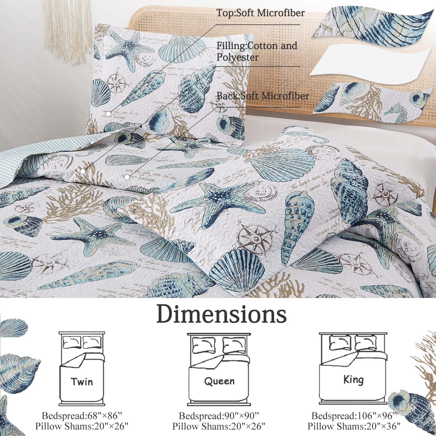 Jessy Home Shell Quilt Queen/Full Size Coastal Beach Bedspreads Microfiber Bedding Set