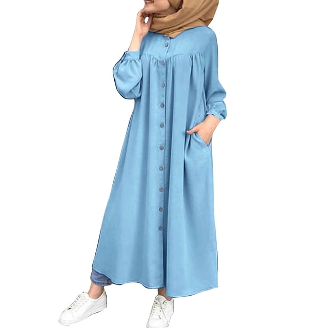 Vestido largo con cuello en V y botones para mujer: color liso, manga larga, poliéster, informal/de noche, S-XXL