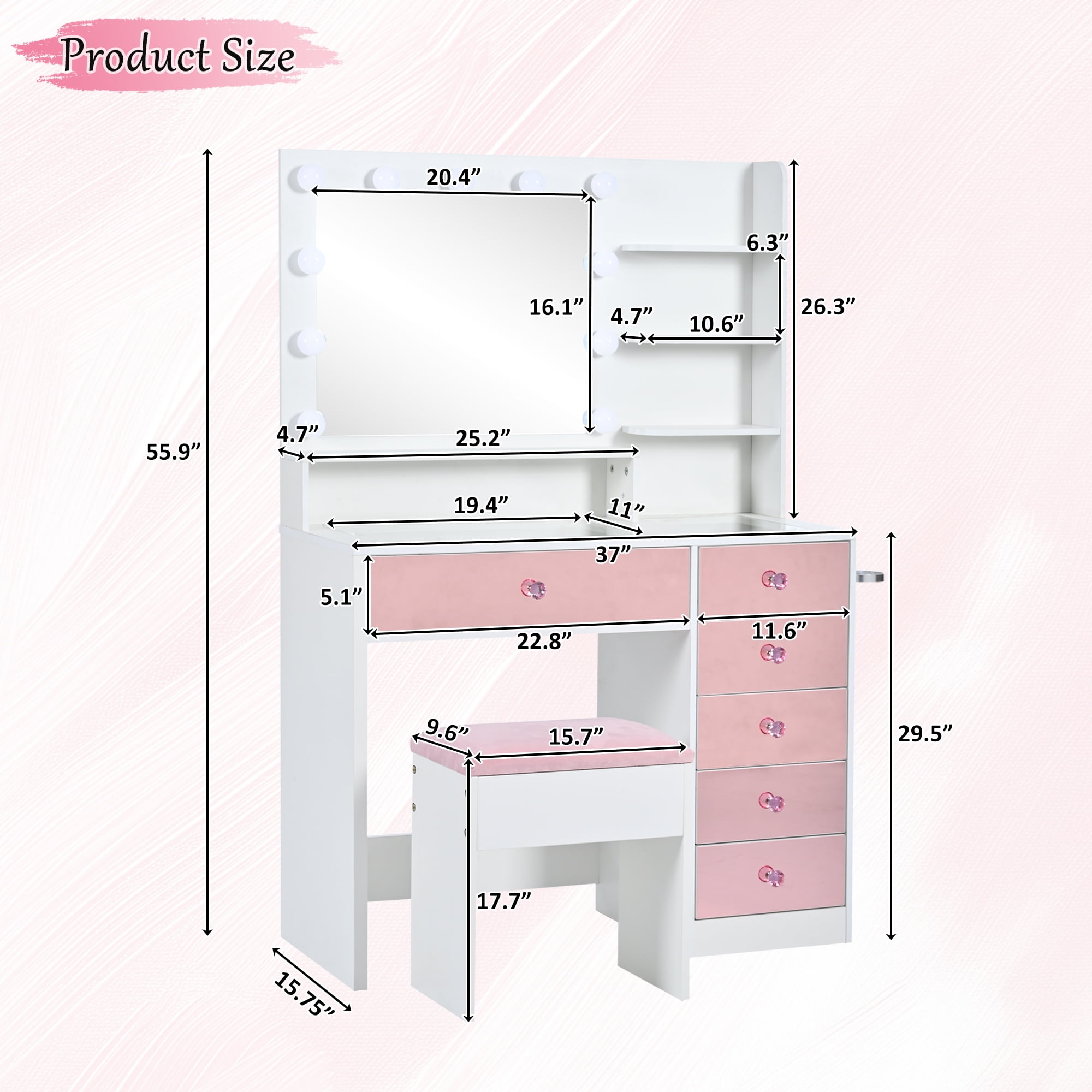 Makeup Vanity, Vanity Desk with Lights, Hollywood Vanity with 11 LED Bulbs 3 Color Modes White and Pink Glass Top 6 Drawers Open Shelves Includes Cushioned Stool, White and Pink