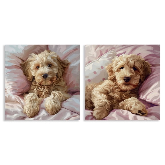 Stupell Industries Cuddling Labradoodle in Bed Animals Painting Wrapped Canvas Art Print Wall Art, 17 x 17, Set of 2