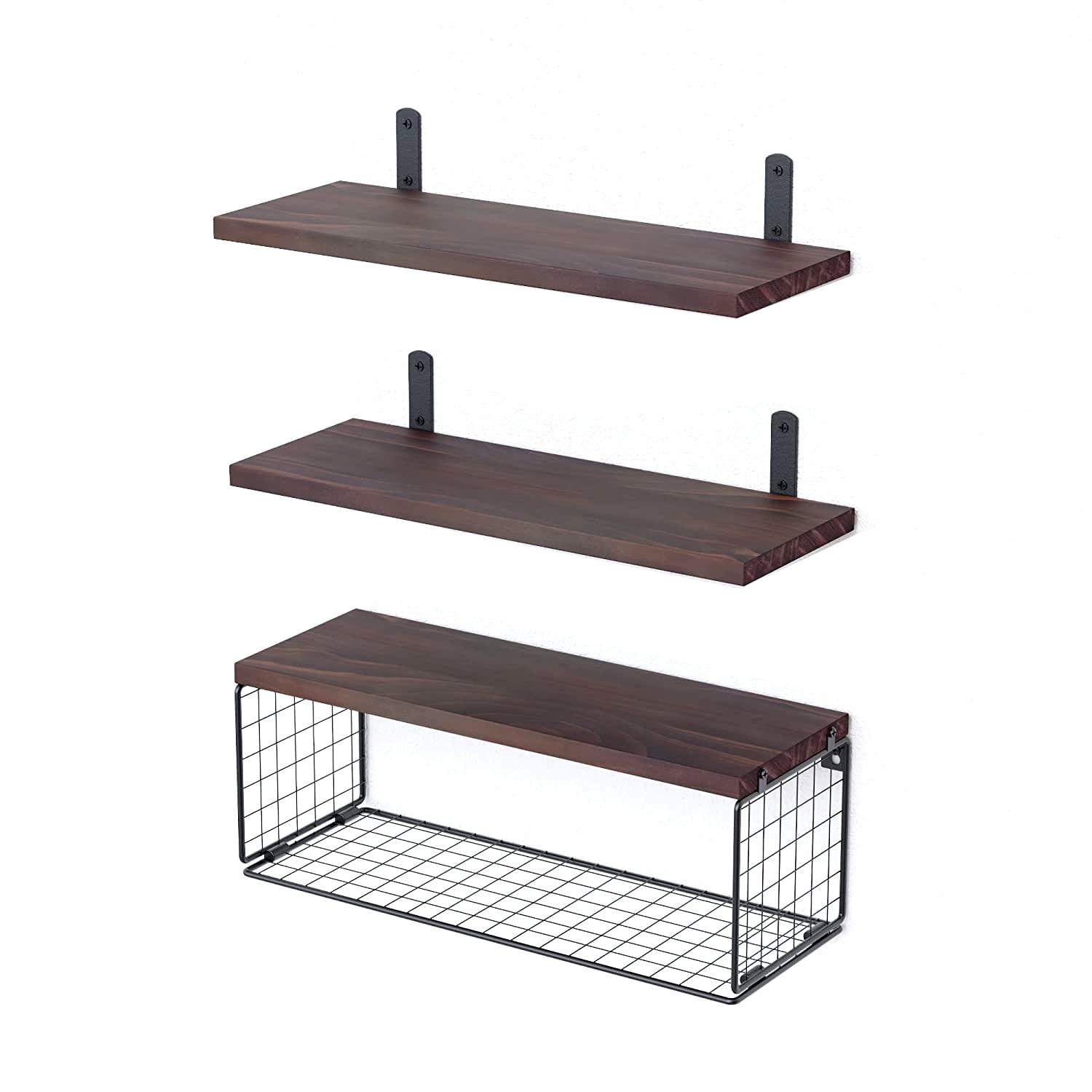 Zorpupoa Rustic Floating Shelves, Wall Mounted Wooden Bathroom Floating Shelves Over Toilet Shelves with Storage Basket for Living Room Kitchen Office, Brown
