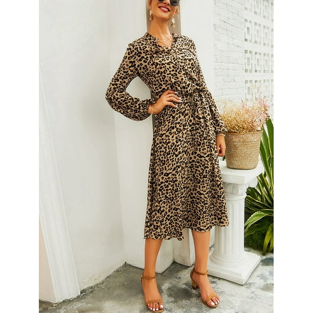 VEDAXIN Women s Leopard Print V Neck Dress Button Down Long Sleeve Midi Dress