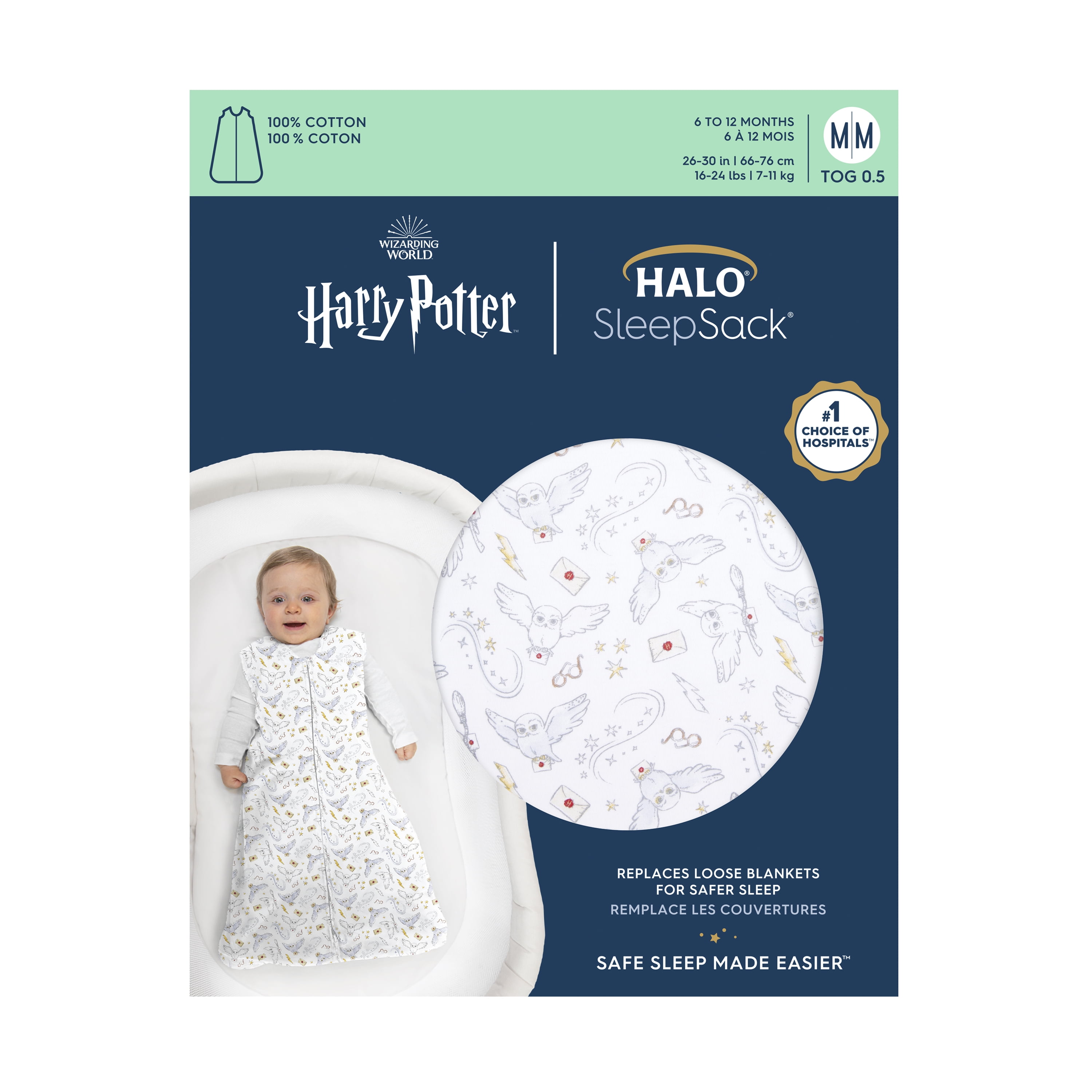 Harry Potter x HALO SleepSack Wearable Blanket Cotton, Messenger, Multicolor, Unisex, Infant, Medium, 6-12 Months