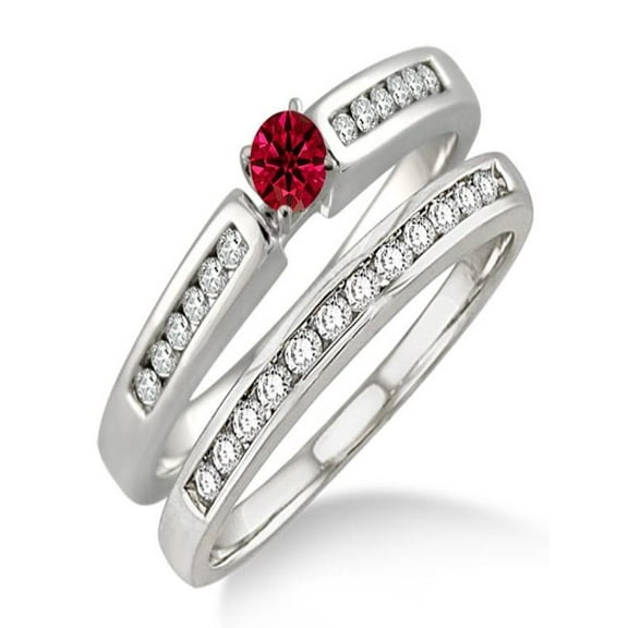 1.25 Carat Roun Cut Red Ruby And Diamond Moissanite Affordable Bridal Set On 10K White Gold, Promise Ring, Anniversary Ring