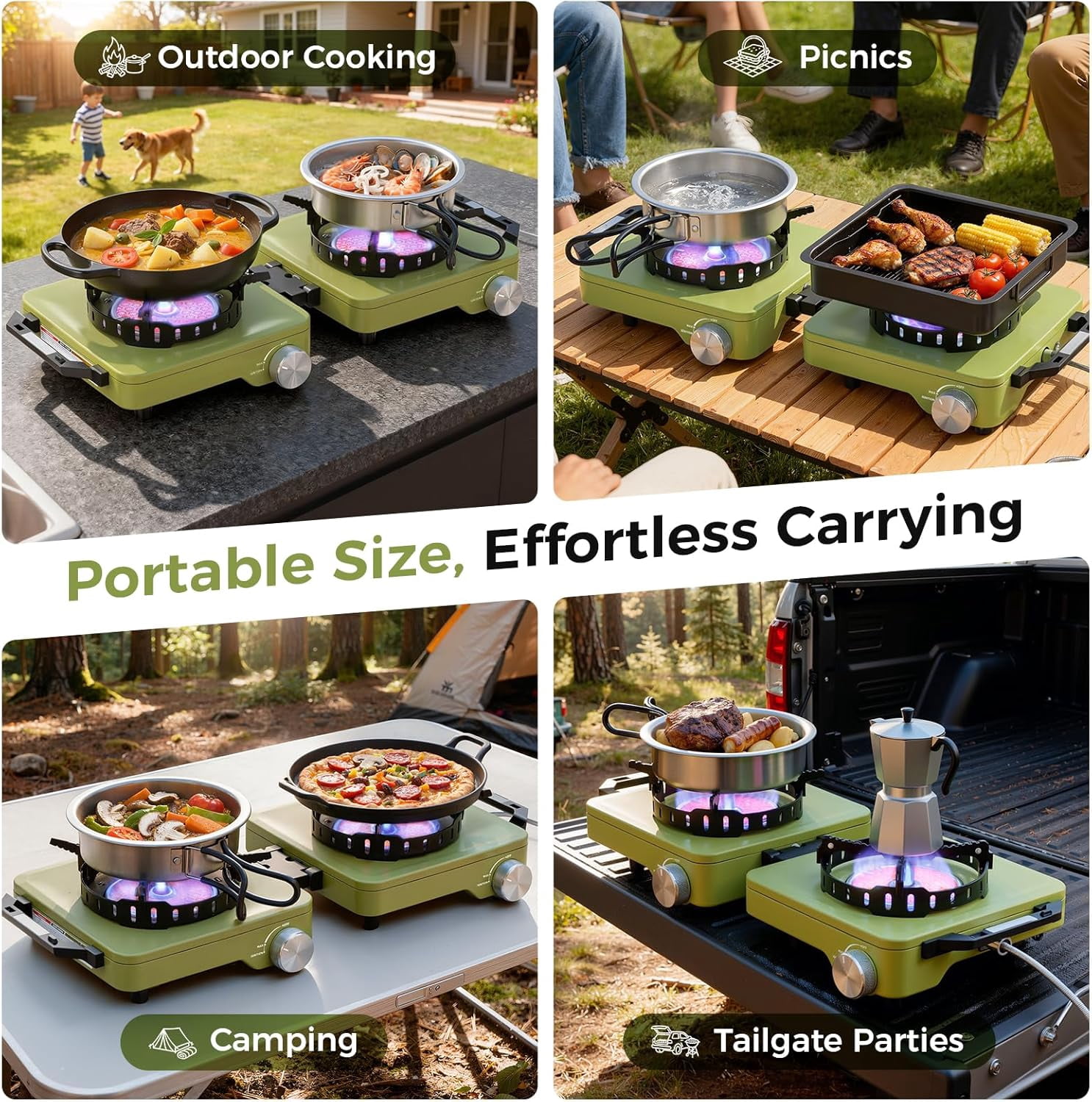 Camping Stove 2 Burners, 36000BTU Propane Camp Stove with Windproof Grates, Portable Folding Camping Gas Stoves Include Frying Pan & Carry Bag for Camp out, Cooking Outdoor, Tailgating, Green