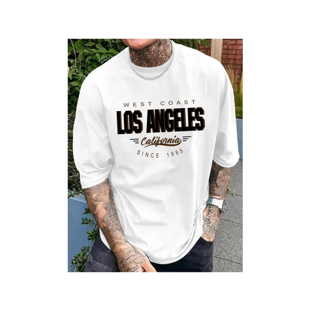 Cotton Short Sleeve T-Shirt Vintage Style West Coast Los angeles Print T-Shirt for Men - Casual Polyester Knit Fabric, unisex, Summer Collection, Round Neck, Loose Fit, elasticity, Printed Pattern De