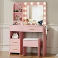 thumbnail image 2 of Vanity Desk with Mirror and Lights, 3 Adjustable Lighting Makeup Vanity Desk with 3 Storage Shelves, 5 Large Drawers and Power Outlet, Vanity with Chair for Bedroom, Pink, 2 of 16