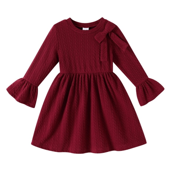 Happy Town Toddler Girls Fall Winter A‑Line Long Sleeve Dress Bow Ruffle Cuffs Party Dress for Little Kids