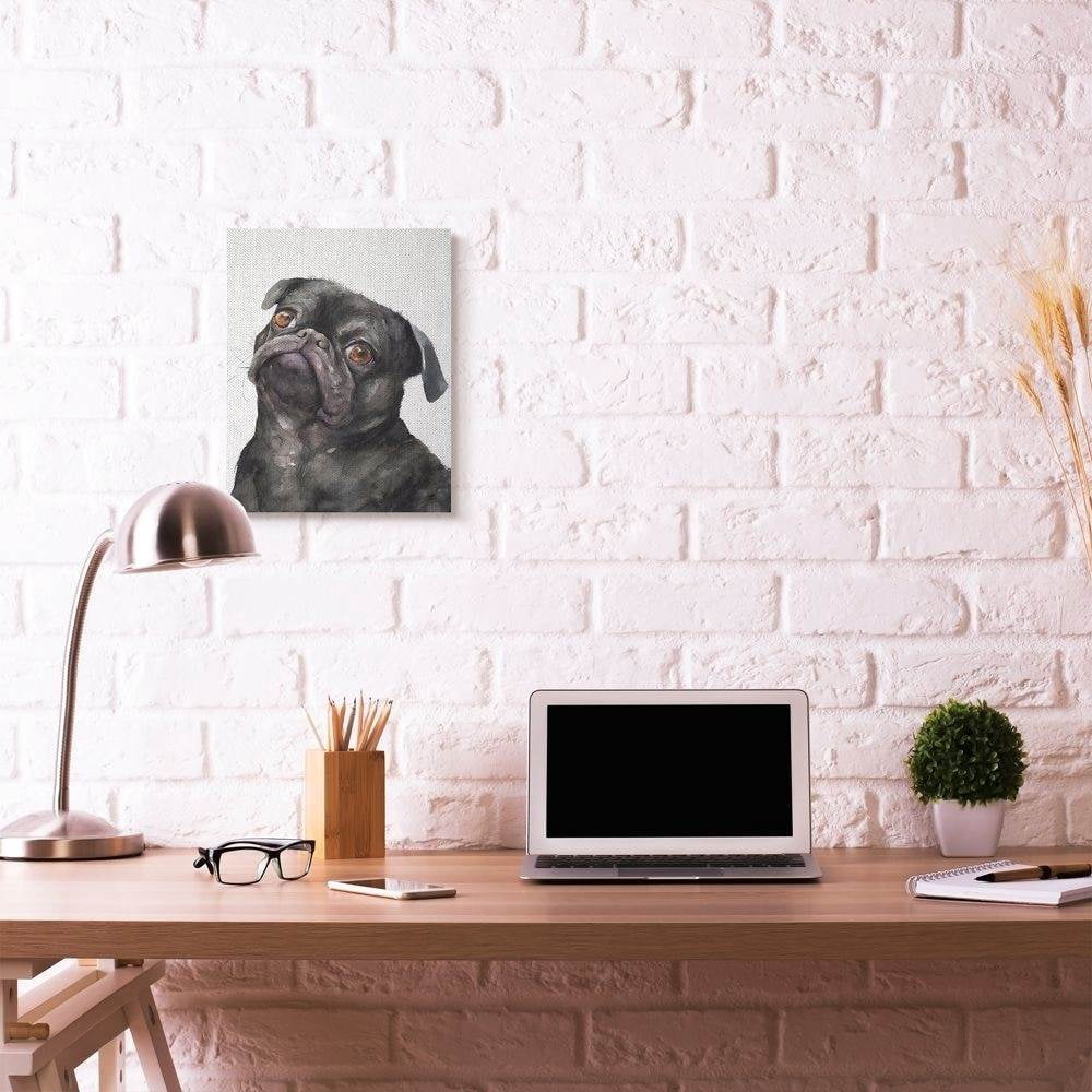 Stupell Industries Cute Black Pug Dog Pet Animal Watercolor Painting Super Canvas Wall Art by George Dyachenko