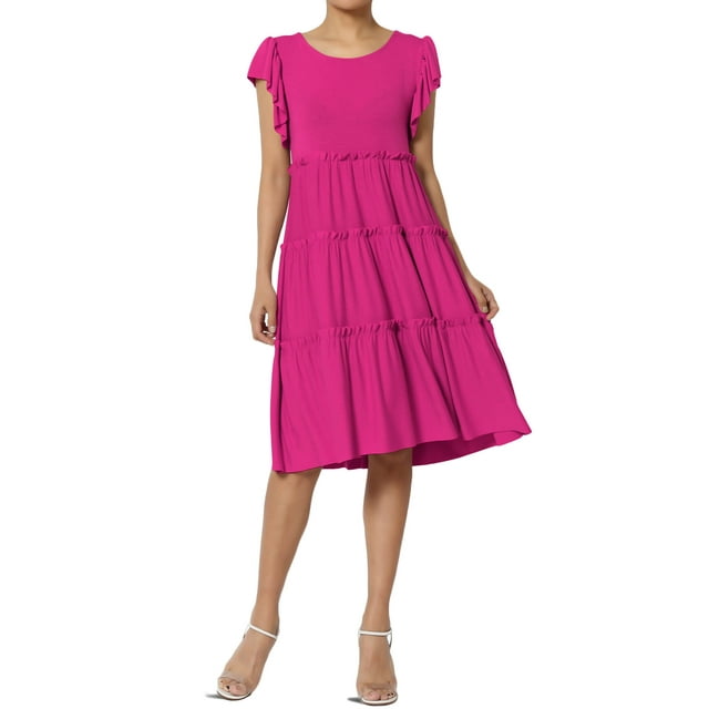 TheMoogan Women's Flutter Ruffle Cap Sleeve Tiered Jersey Babydoll A-Line Midi Day Dress